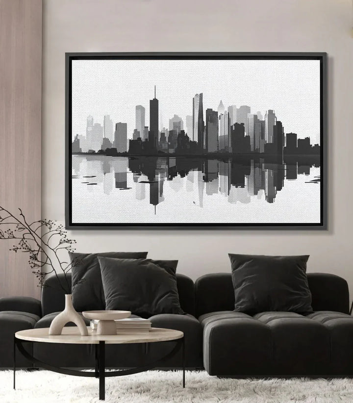 Cuadro City in Shadows — skyline urbano en blanco y negro con reflejo en el agua, marco negro Massinart