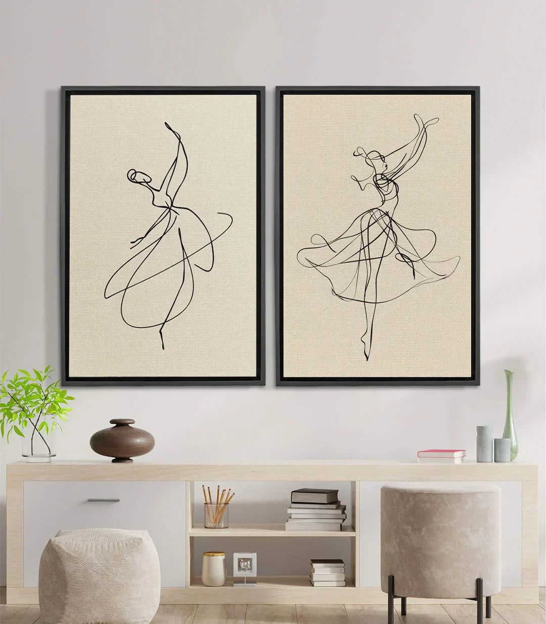 Cuadro bailarina trazo continuo minimalista Massinart — silueta grácil sobre fondo beis