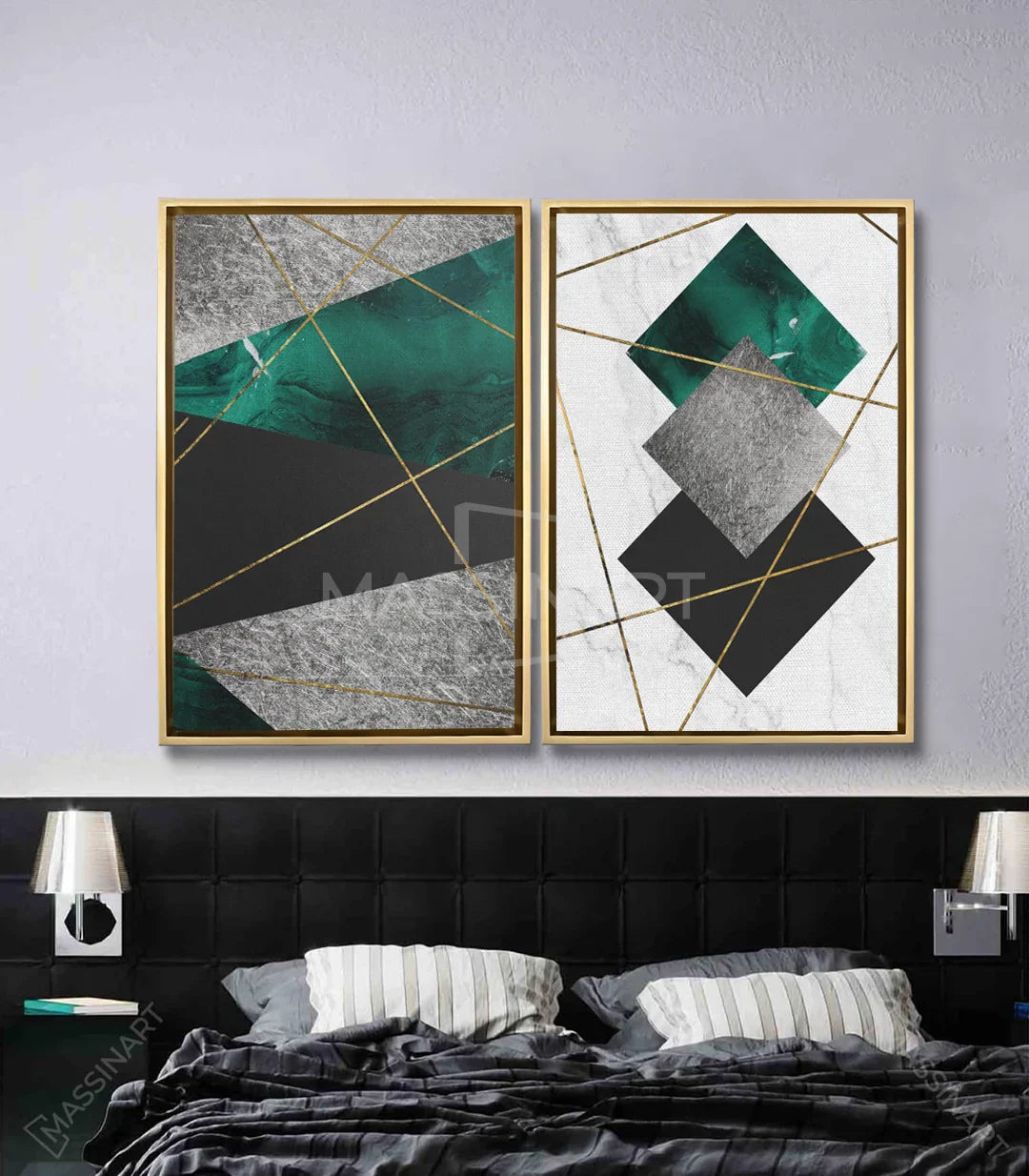 Cuadro formas geométricas mármol negro blanco y verde — Massinart