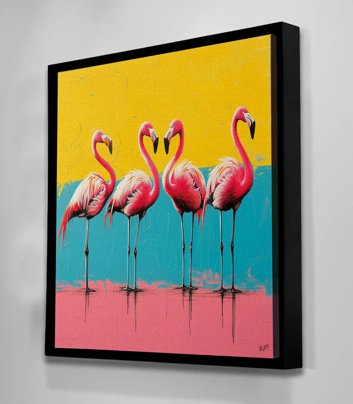 Cuadro Flamingo Quartet en salón, aves exóticas coloridas estilo pop-art Massinart