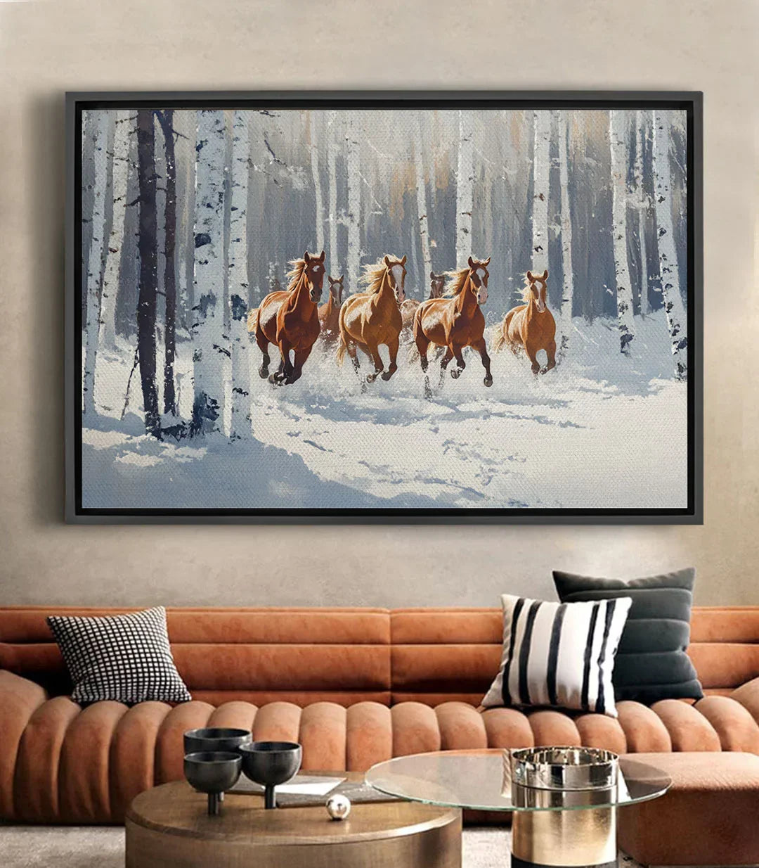 Cuadro Frost & Freedom — caballos marrones al galope en un bosque nevado de abedules blancos