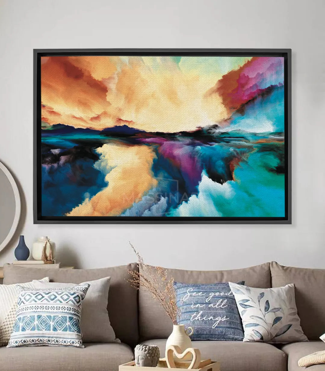 Cuadro Explosion Art abstracto con dégradés de azul turquesa, naranja, amarillo y malva — Massinart
