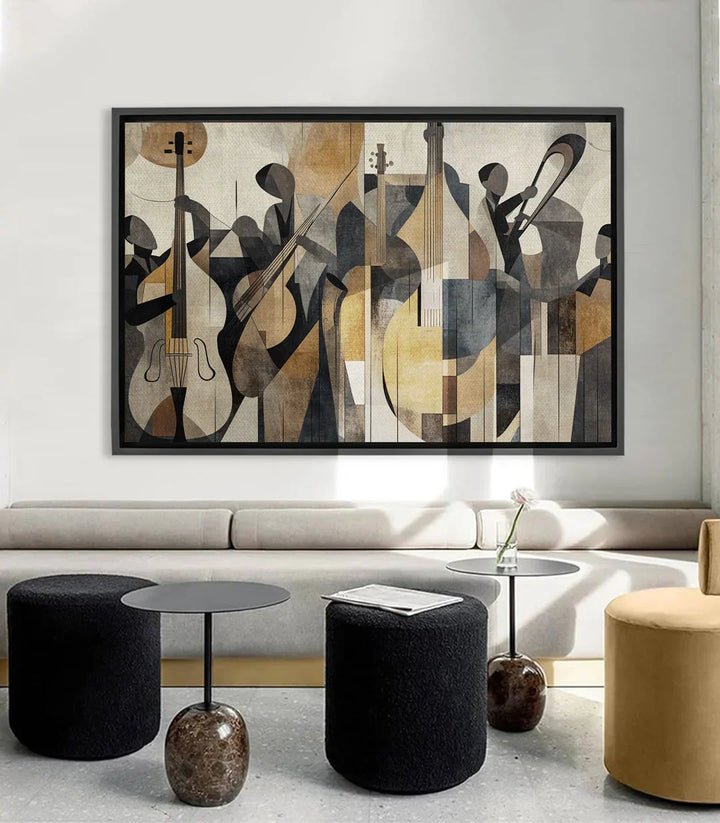 Cuadro The Geometry of Jazz — músicos cubistas con instrumentos de cuerda, tonos beige, negro y ocre | Massinart