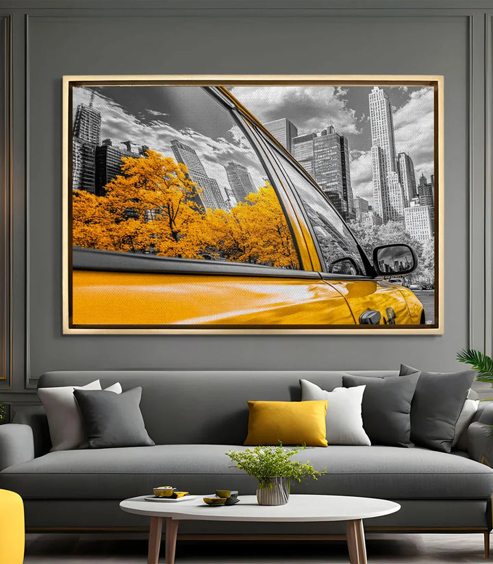 Cuadro taxi amarillo en salón moderno — decoración urbana Massinart