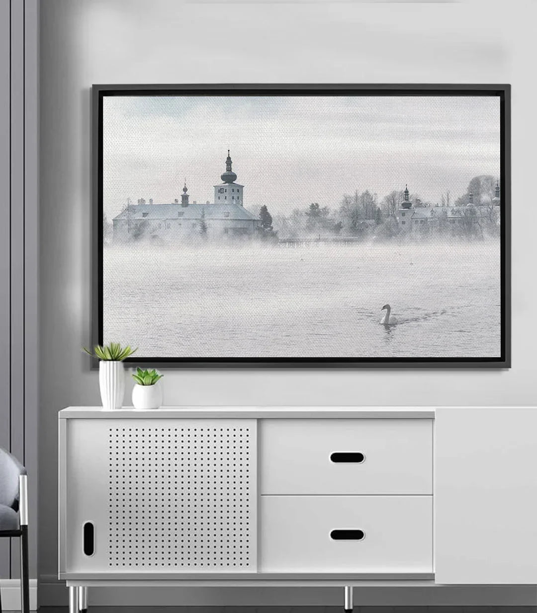 Cuadro Winter Landscape castillo brumoso lago helado cisne solitario Massinart
