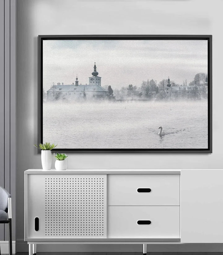 Cuadro Winter Landscape castillo brumoso lago helado cisne solitario Massinart