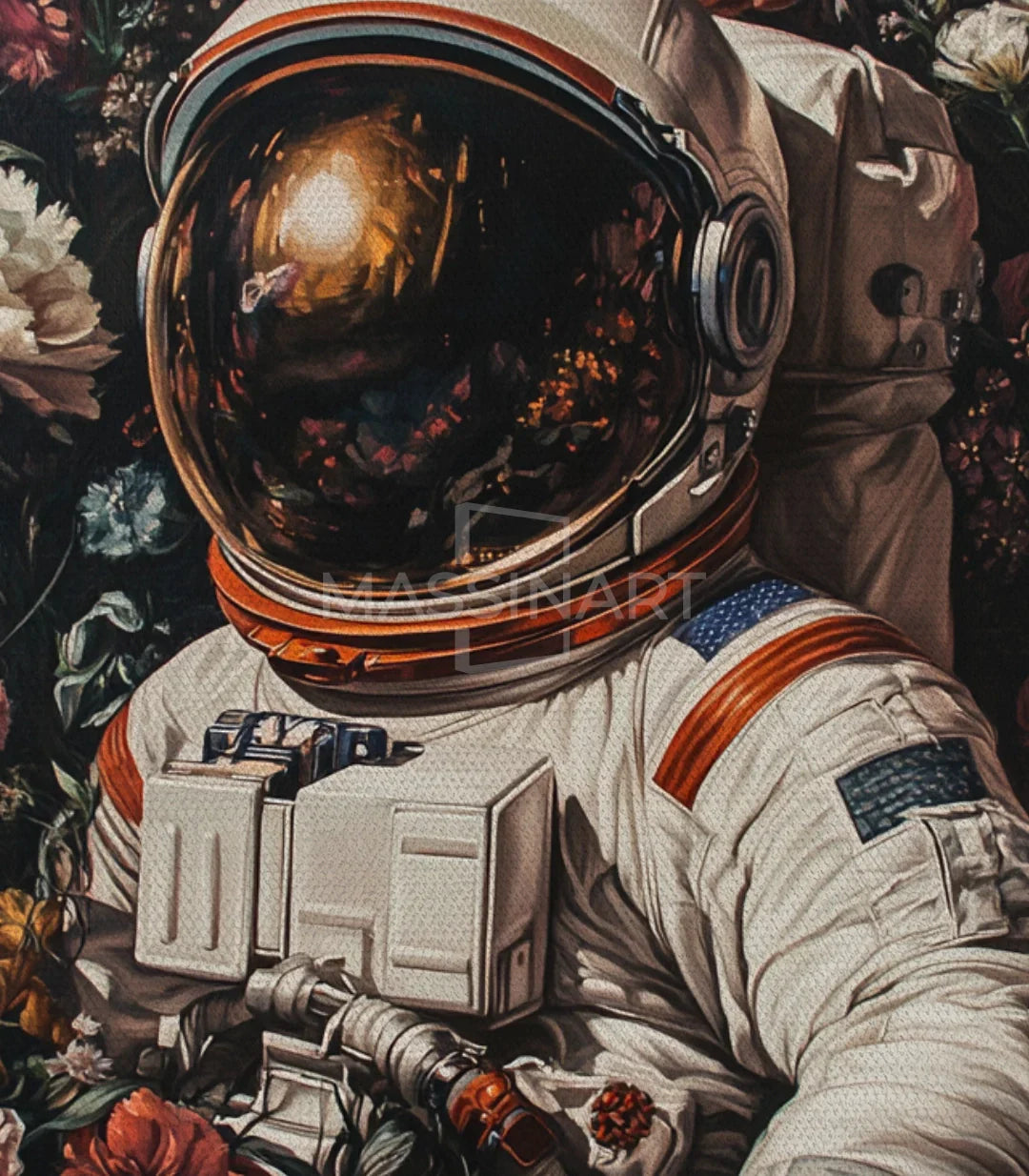 Cuadro Astral Garden en pasillo — cuadro figurativo moderno con astronauta floral, Massinart