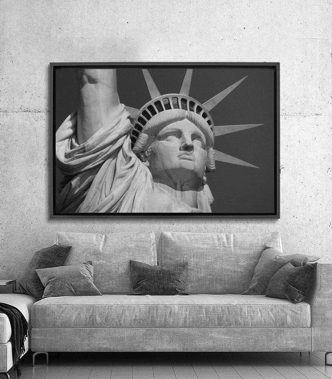 Cuadro Estatua de la Libertad en blanco y negro, retrato monumental con detalle de la corona y la antorcha — Massinart