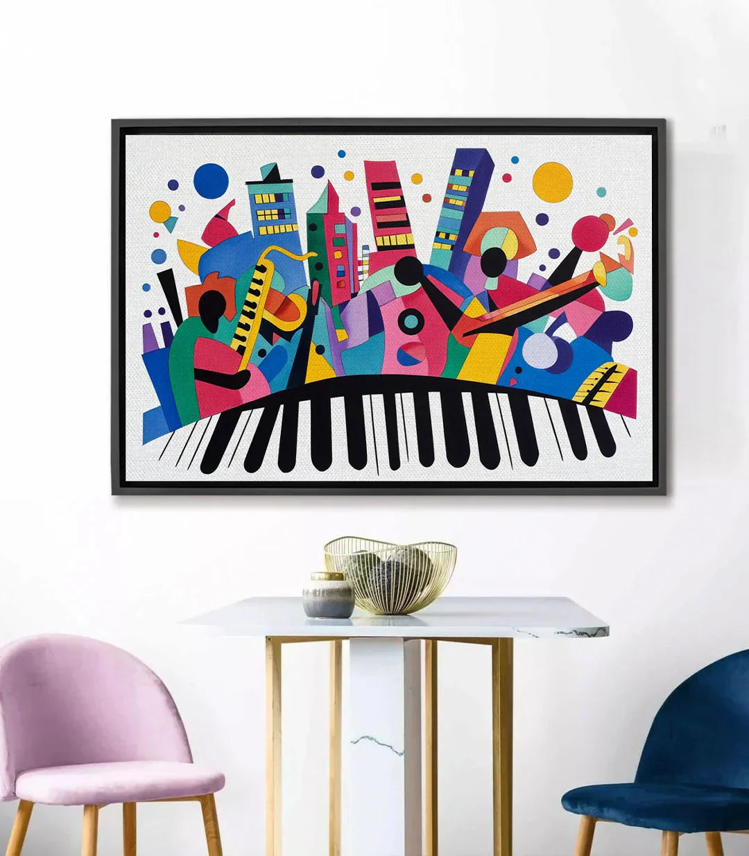 Cuadro Harmonic Palette — composición abstracta musical con piano y formas cromáticas vibrantes — Massinart