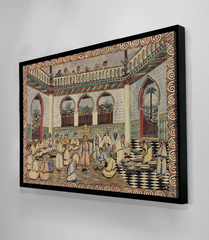 Detalle figurativo de personajes en festín de palacio marroquí, arte tradicional, Massinart