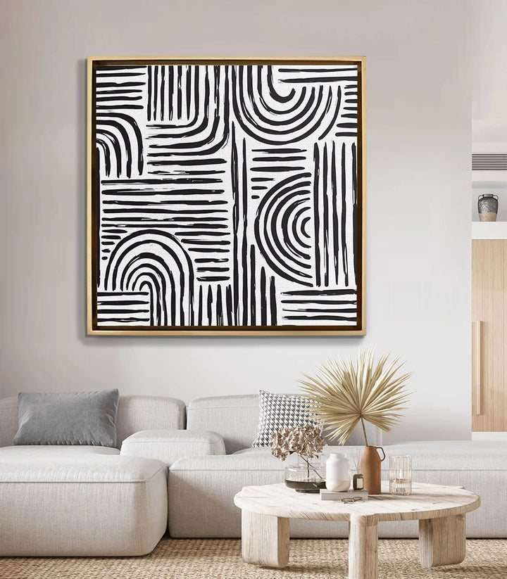 Ambiente salón moderno — Cuadro Monochrome Flow cuadrado enmarcado sobre el sofá — Massinart