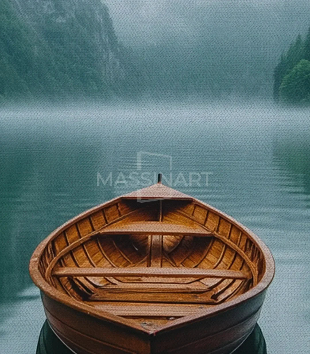 Detalle marco The Quiet Float — lienzo premium con barca en lago, acabado enmarcado de calidad, Massinart