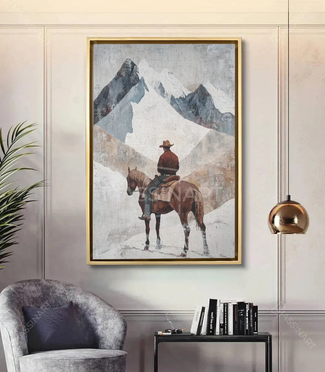 Cuadro Cowboy western vertical en salón moderno con sillón gris — Massinart