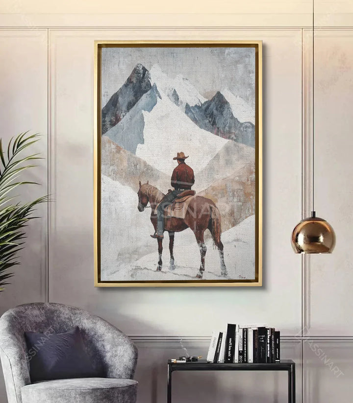Cuadro Cowboy western vertical en salón moderno con sillón gris — Massinart