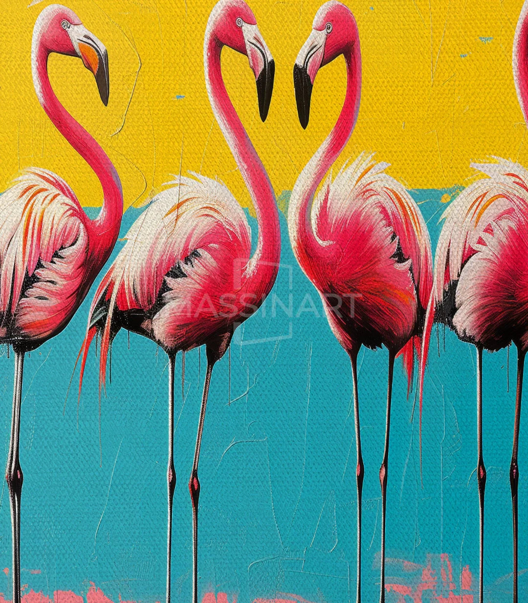 Cuadro Flamingo Quartet en dormitorio moderno, decoración pop-art Massinart