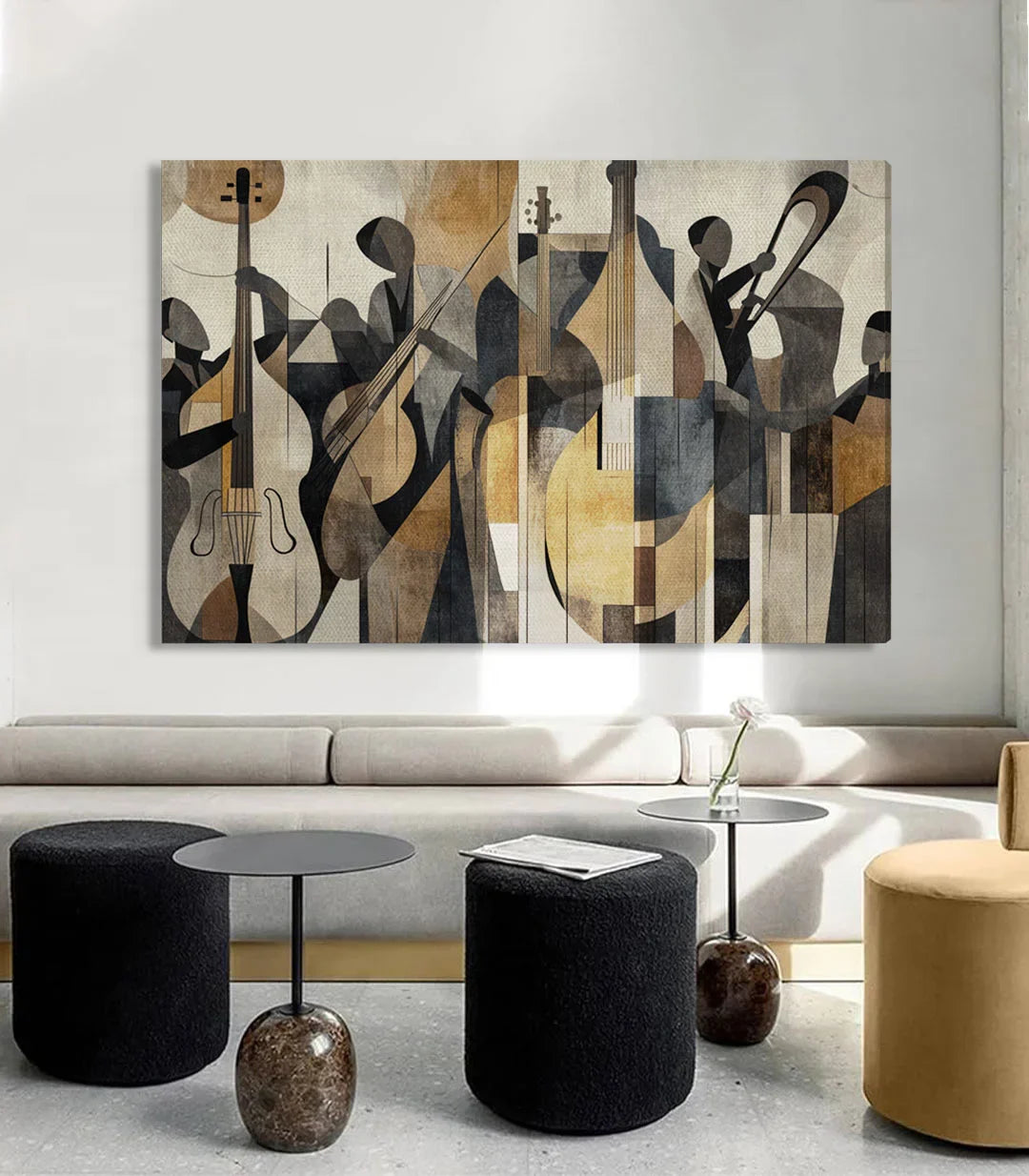 The Geometry of Jazz en salón de estar moderno, músicos cubistas arte mural | Massinart
