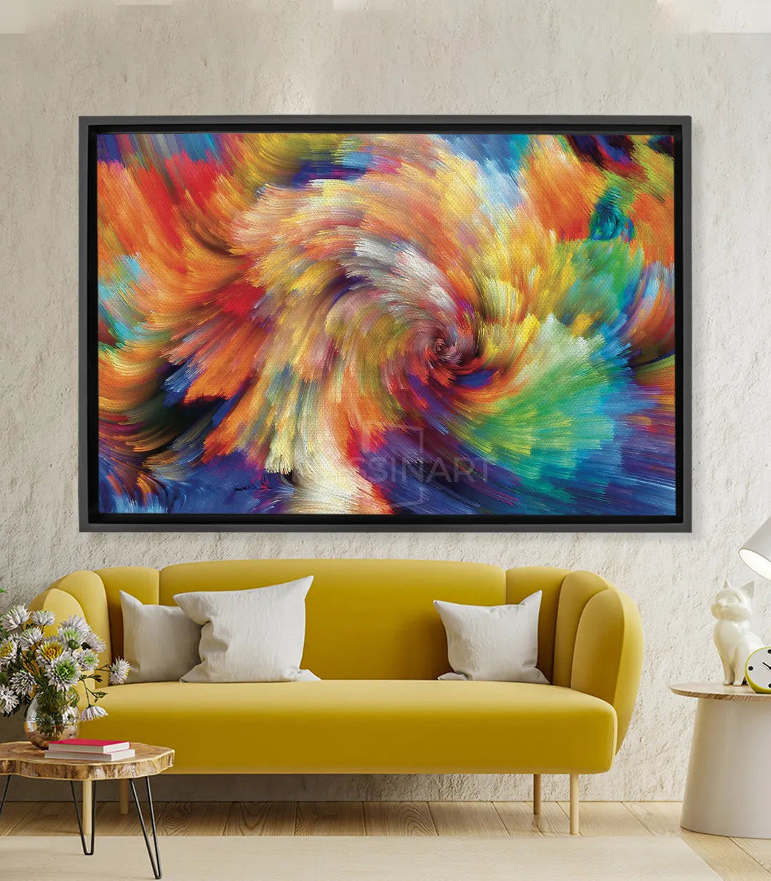 Cuadro abstracto expresionista con torbellino de colores — naranja, amarillo, azul y verde en movimiento espiral