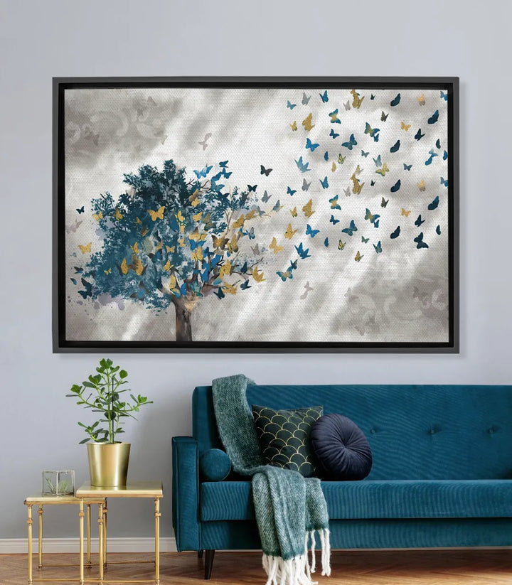 Cuadro Butterfly Effect Massinart — árbol azul y dorado con mariposas en vuelo