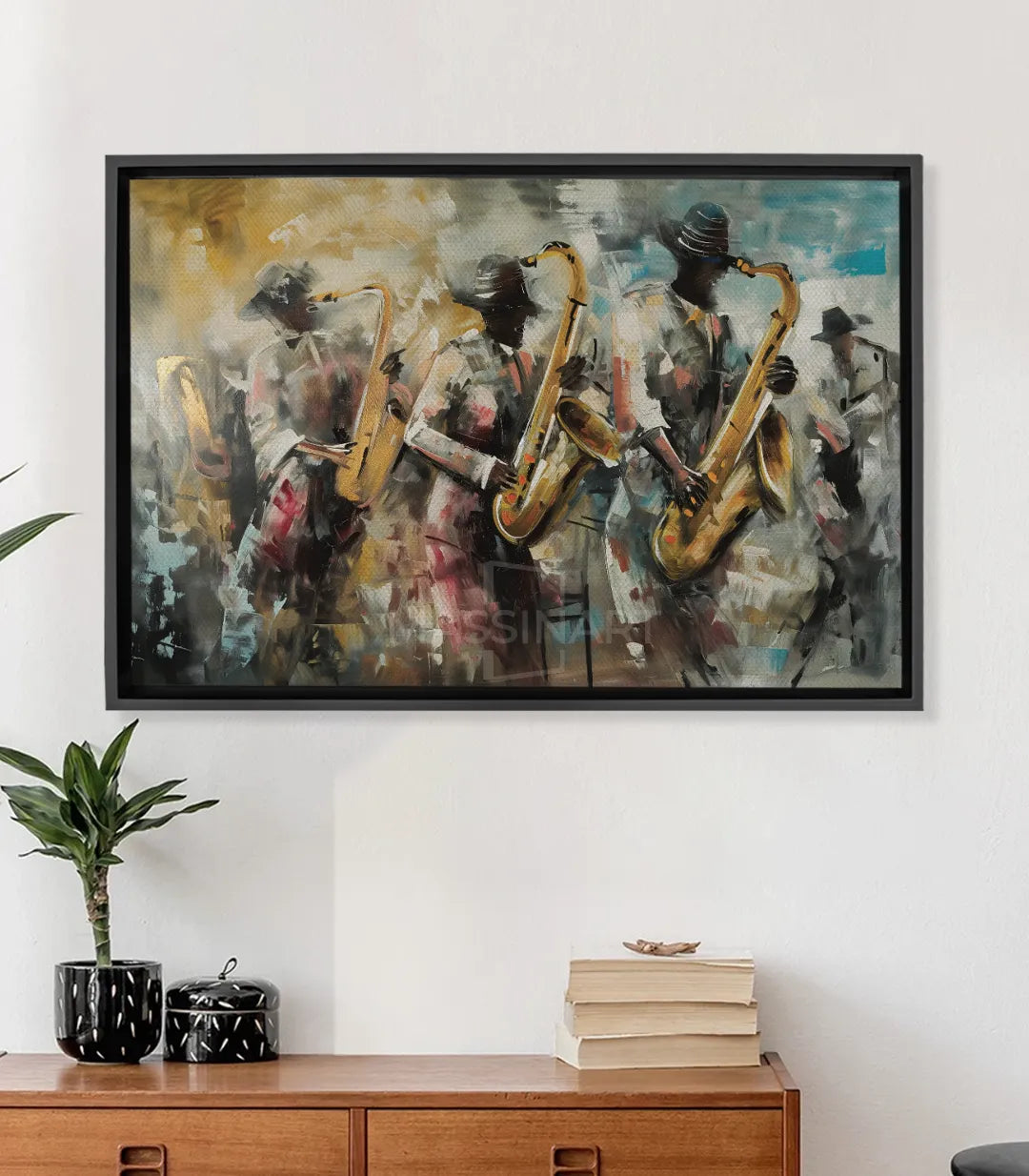 Cuadro All about Jazz de Massinart — tres músicos saxofonistas expresionistas en tonos dorados, grises y azules
