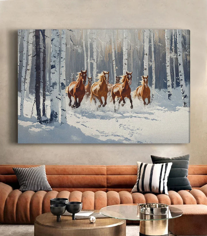 Detalle de textura — cuadro caballos al galope en bosque invernal, acabado acrílico premium