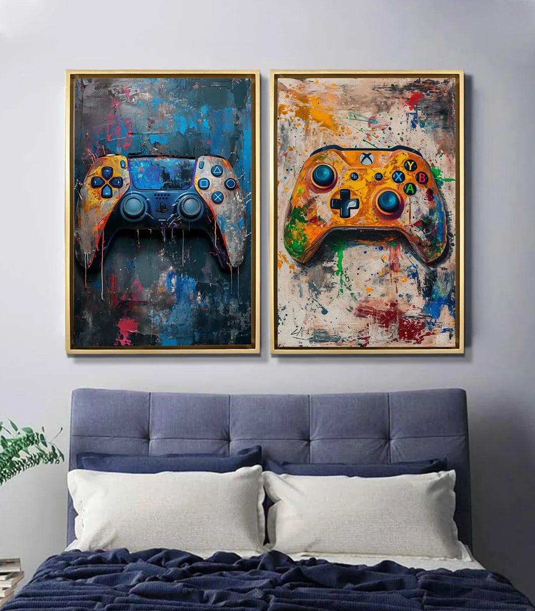 Cuadro mando gaming amarillo expresionista Massinart — fondo grunge crema y colores vibrantes
