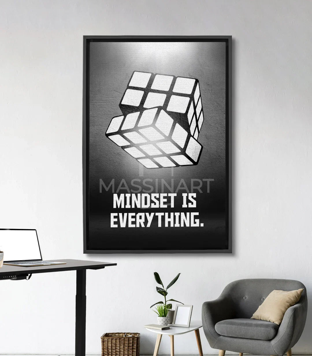 Cuadro cubo de Rubik negro y blanco con cita Mindset is Everything estilo minimalista Massinart