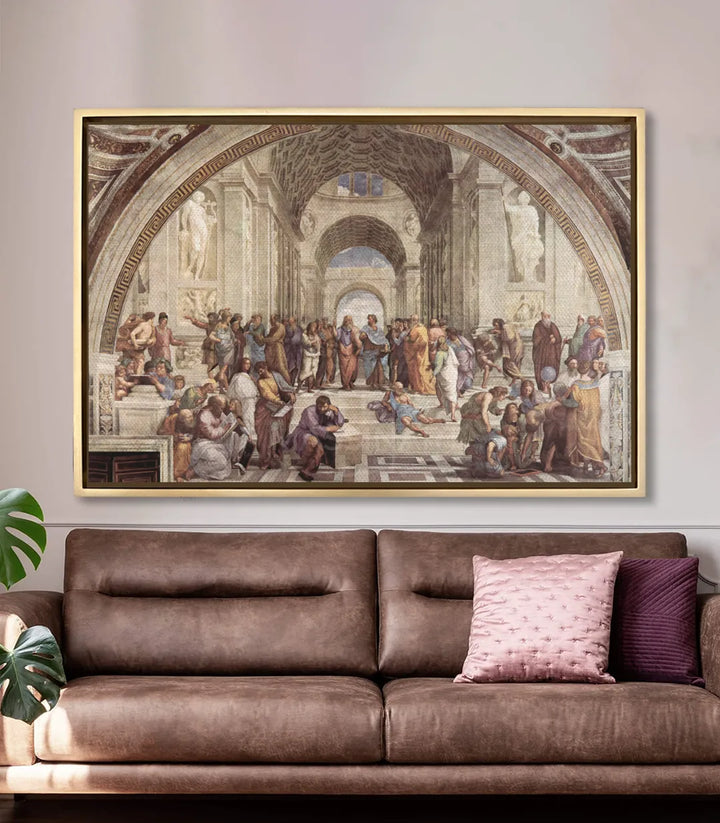 Cuadro La Escuela de Atenas en salón moderno decoración pared Massinart