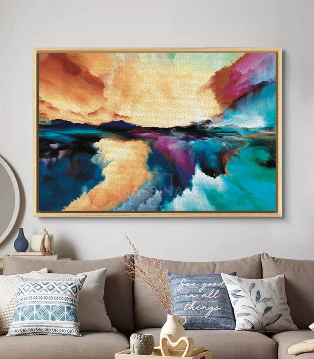 Cuadro abstracto Explosion Art en salón contemporáneo con sofá beis — Massinart