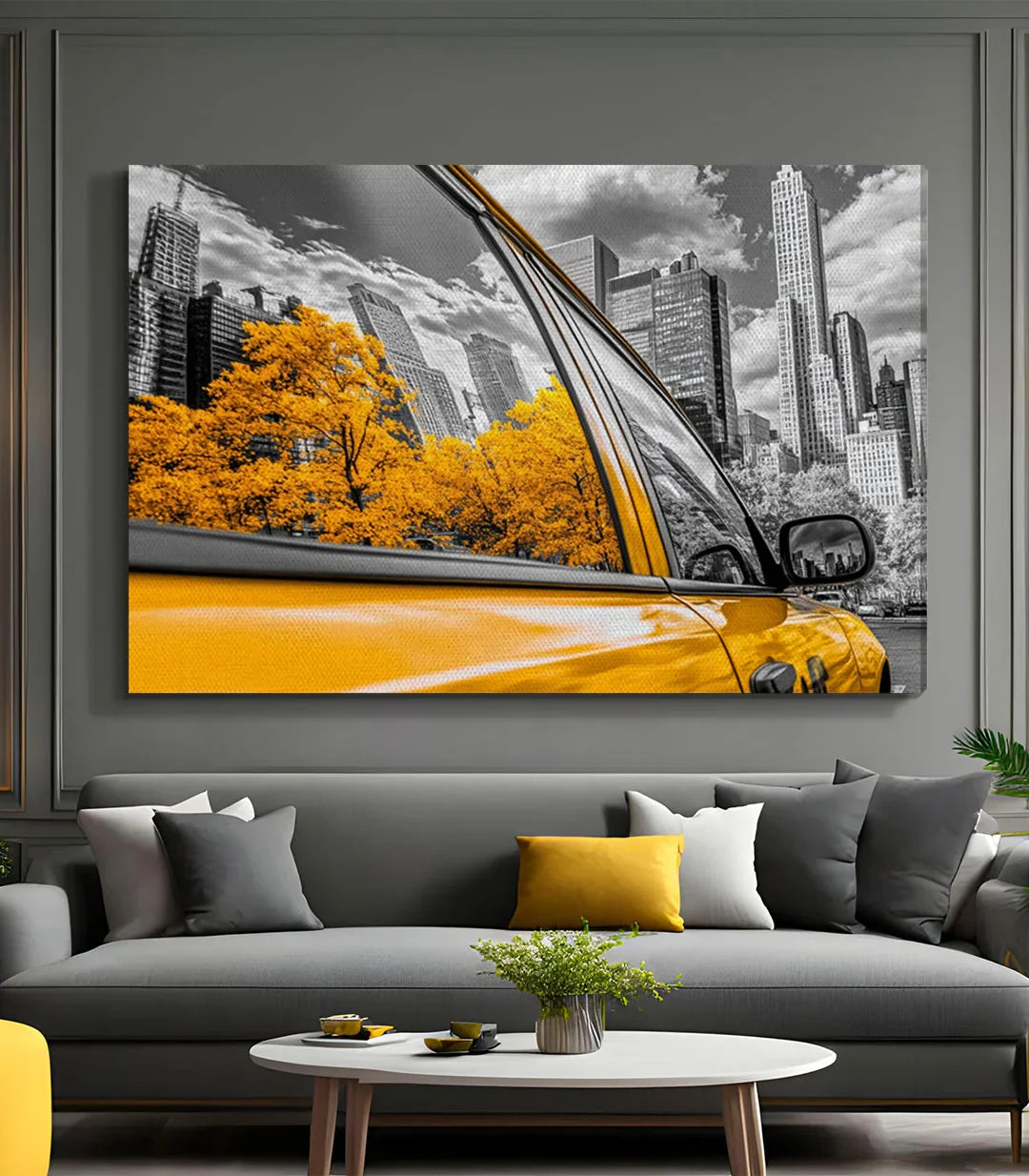 Salón decorado con cuadro taxi amarillo skyline Nueva York Massinart