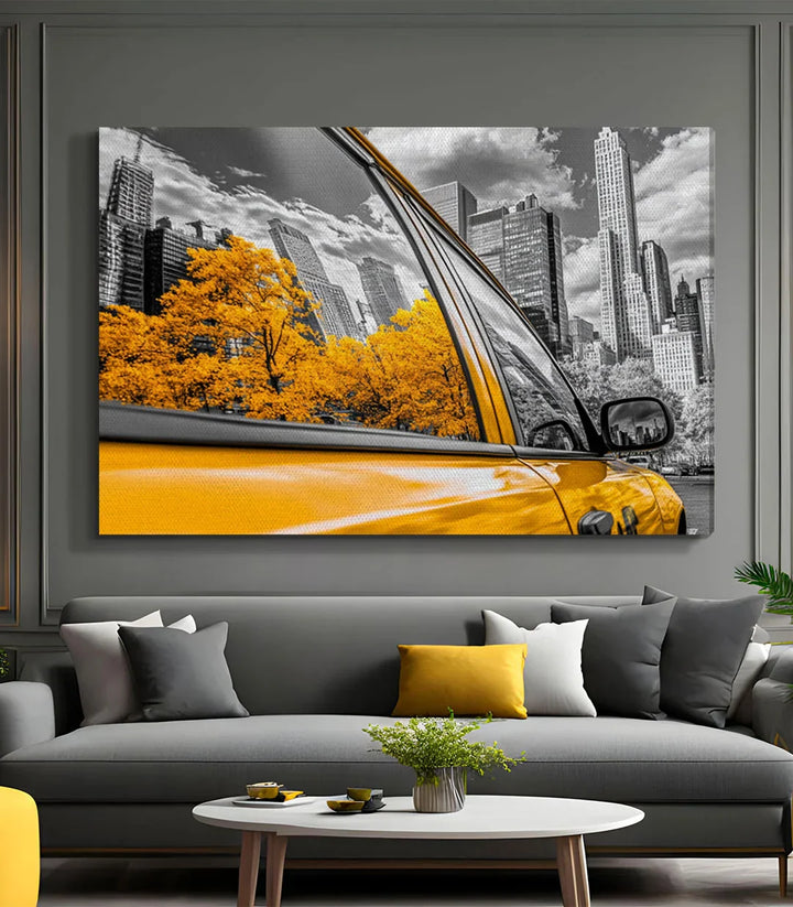 Salón decorado con cuadro taxi amarillo skyline Nueva York Massinart