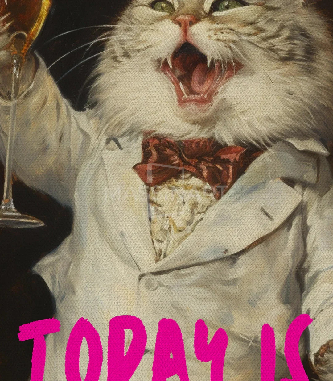 Detalle pintura — gato blanco sonriente con champán, paleta negro-beige-magenta
