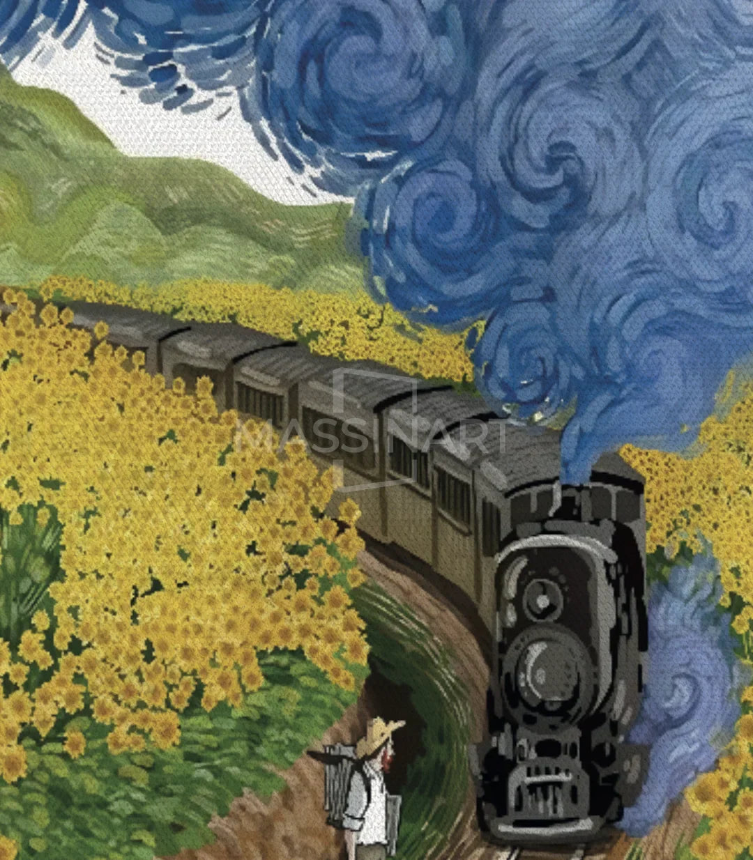 Ambientación en salón de estilo oriental, cuadro de tren Massinart