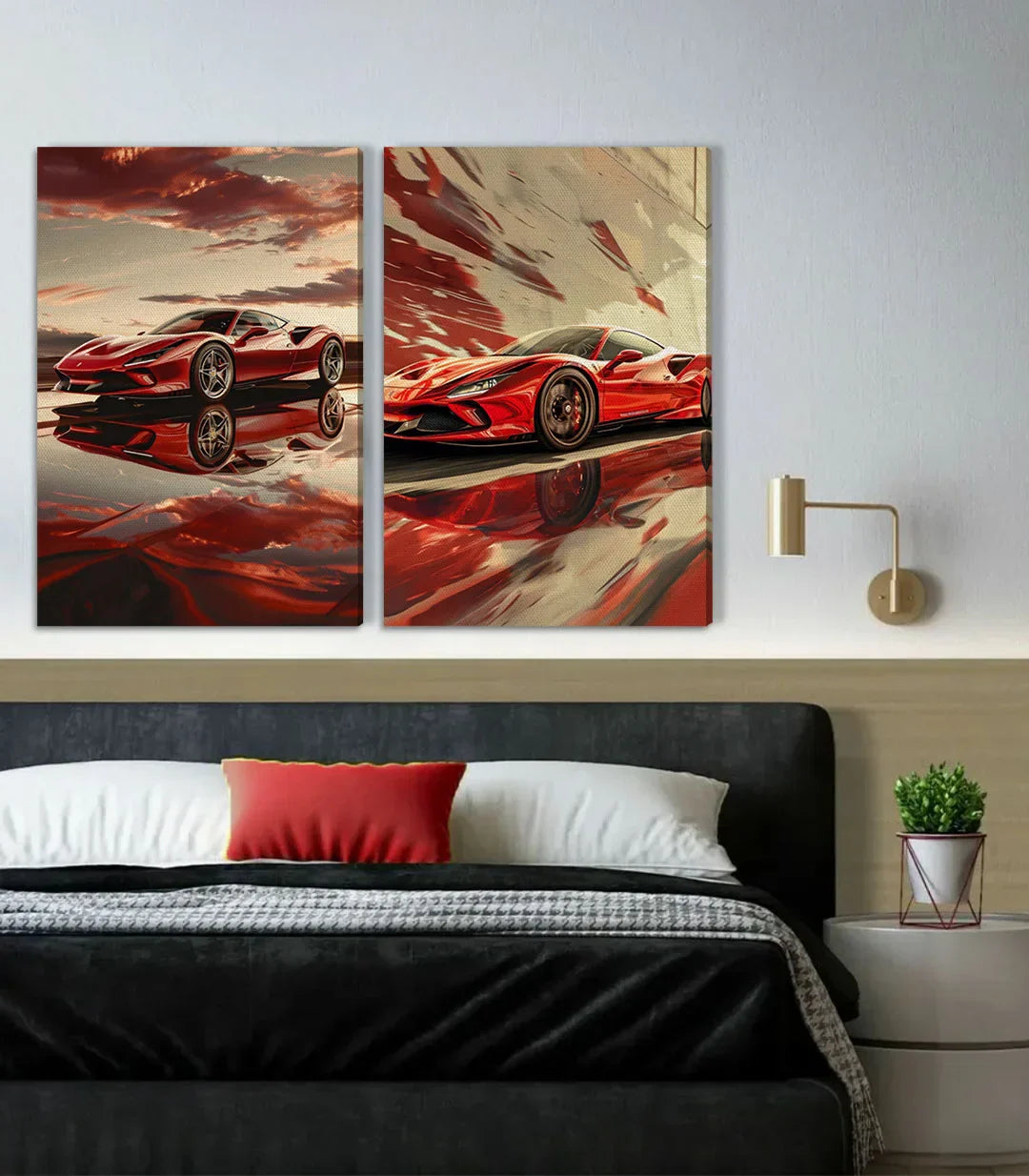 Cuadro díptico decoración coche deportivo en dormitorio contemporáneo — Massinart