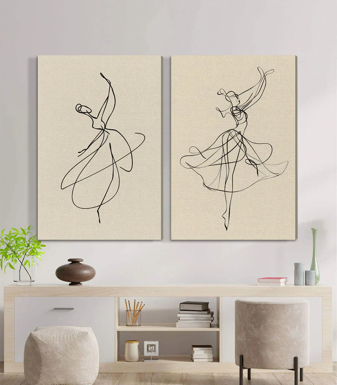 Cuadro Ethereal Dance díptico en salón moderno — decoración de pared interior Massinart