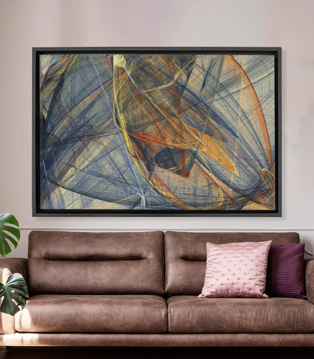 Cuadro abstracto Futuristic Motion, líneas entrecruzadas en azul, amarillo y naranja, Massinart