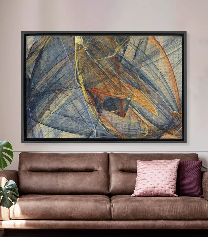 Cuadro abstracto Futuristic Motion, líneas entrecruzadas en azul, amarillo y naranja, Massinart