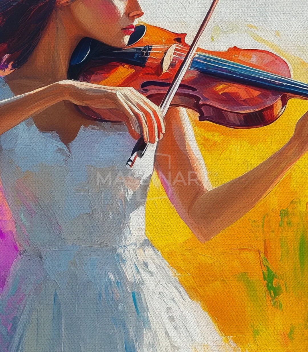Cuadro Charmed Melody detalle colores — azul turquesa amarillo técnica expresionista