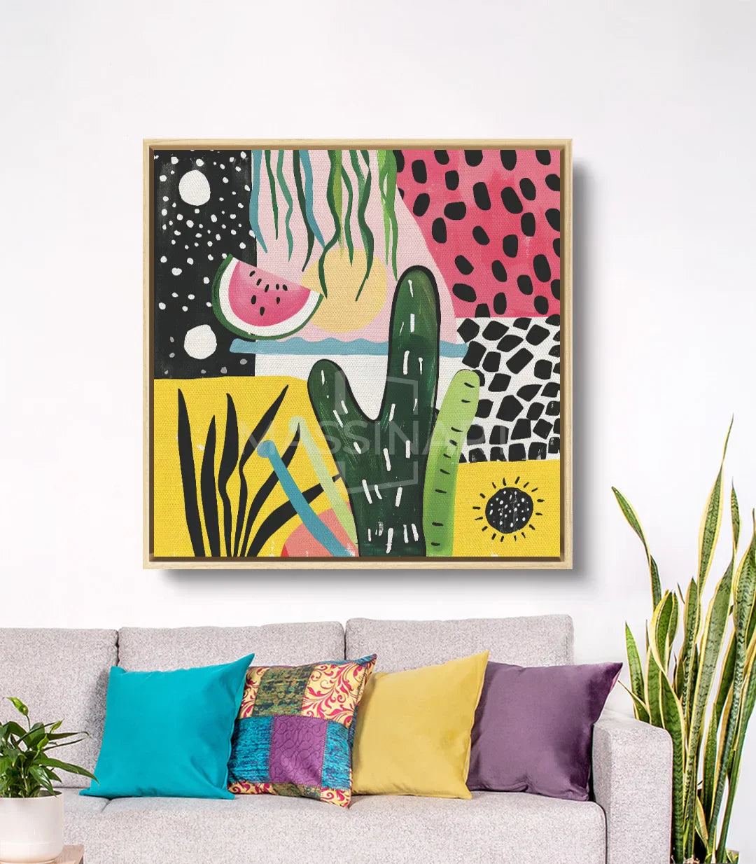 Decoración interior salón con cuadro geométrico cactus Massinart