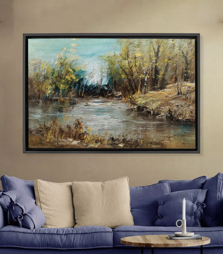 Cuadro río en bosque otoñal estilo impresionista Massinart — árboles y agua en tonos azul y dorado