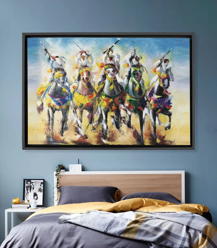 Cuadro Tbourida con jinetes y caballos marroquíes en estilo expresionista, tonos azul, amarillo y ocre — Massinart