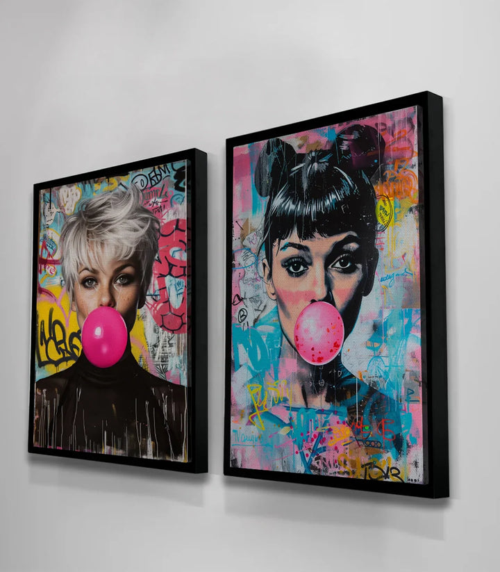 Cuadro Bubble Icons díptico — conjunto completo dos lienzos enmarcados estilo street-art, Massinart