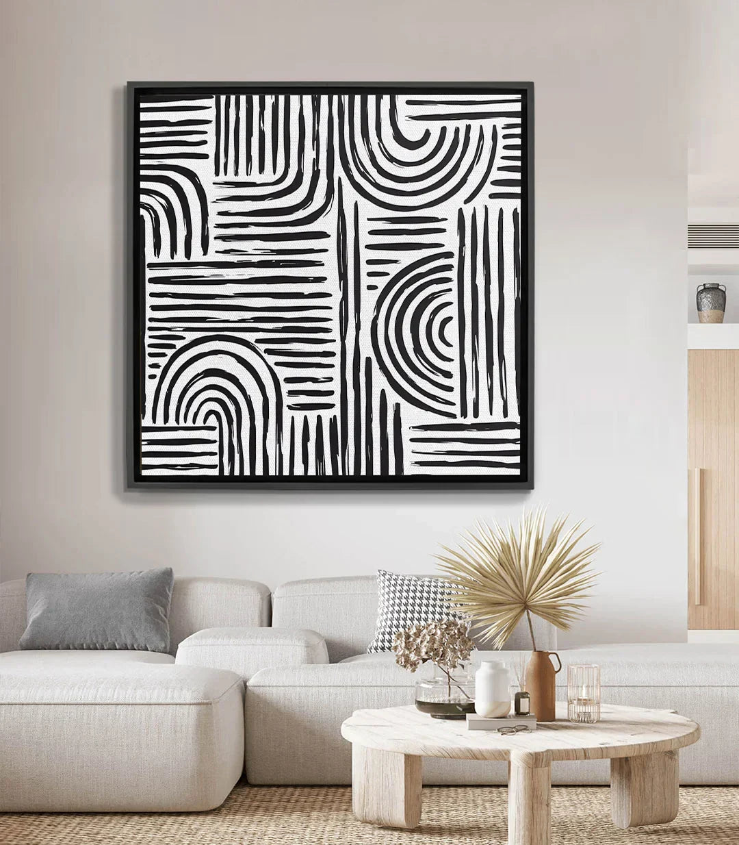 Cuadro Monochrome Flow abstracto en blanco y negro con líneas ondulantes y formas geométricas — Massinart