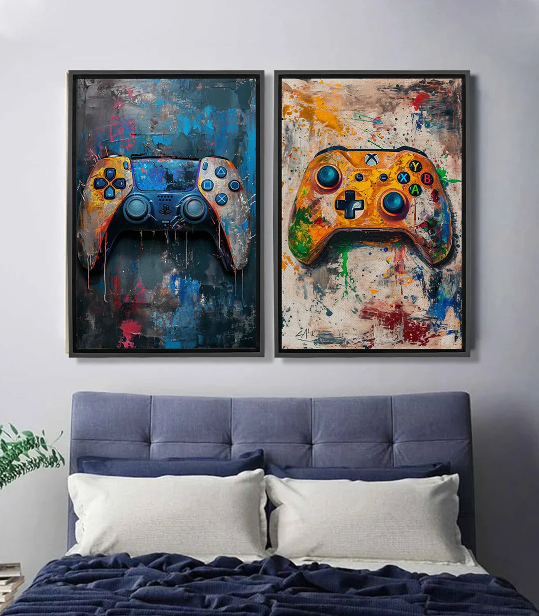 Cuadro mando gaming azul expresionista Massinart — fondo urbano azul y rosa