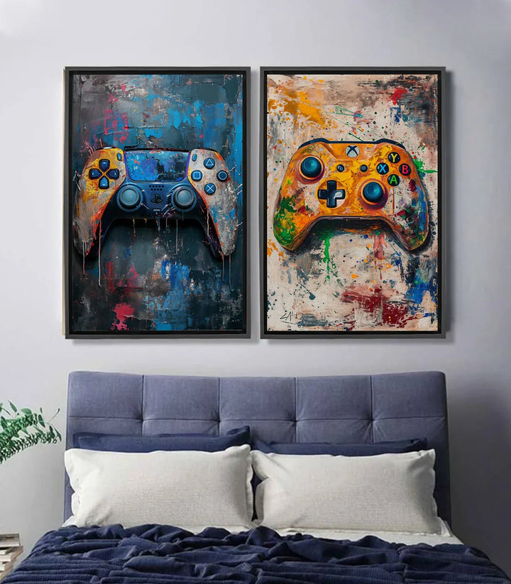 Cuadro mando gaming azul expresionista Massinart — fondo urbano azul y rosa