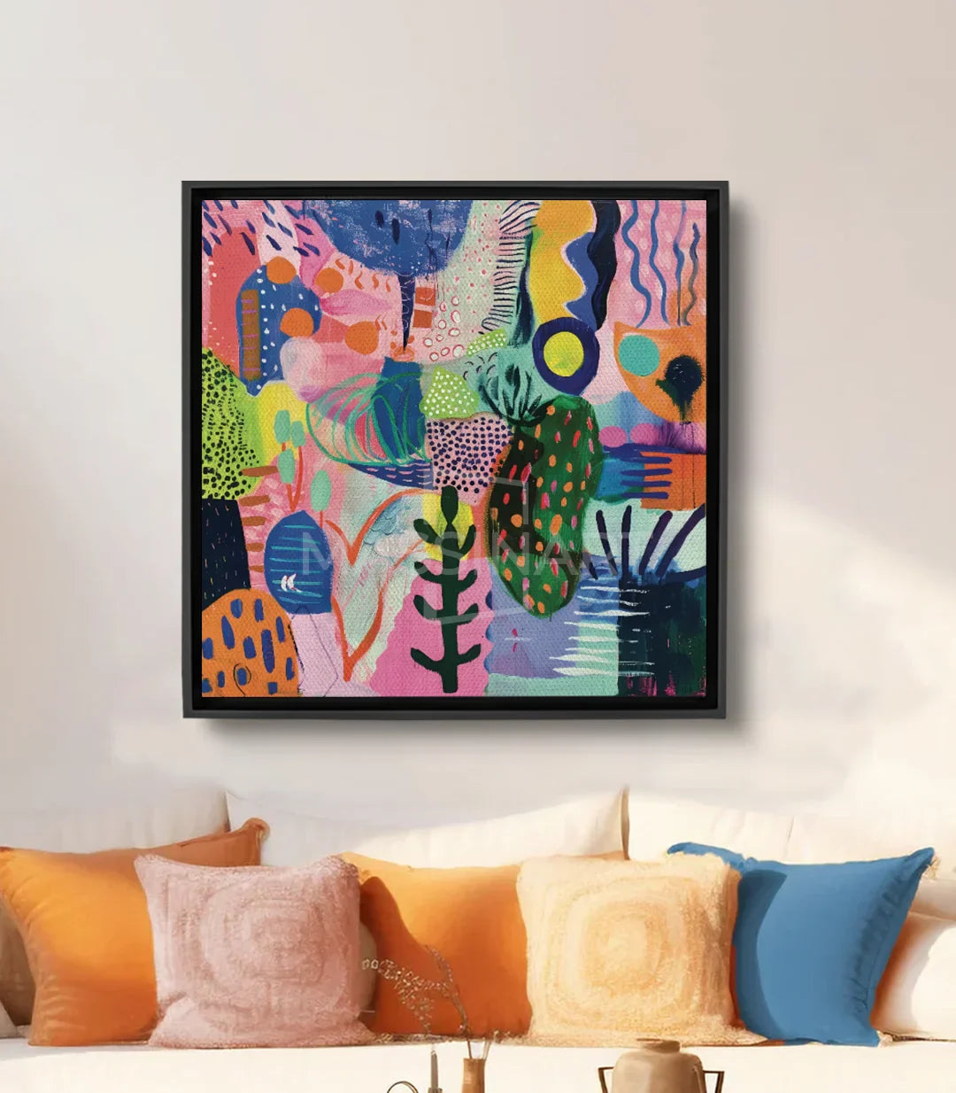 Cuadro Sylvan Muse abstracto cuadrado multicolor, formas geométricas botánicas en rosa, azul y amarillo — Massinart