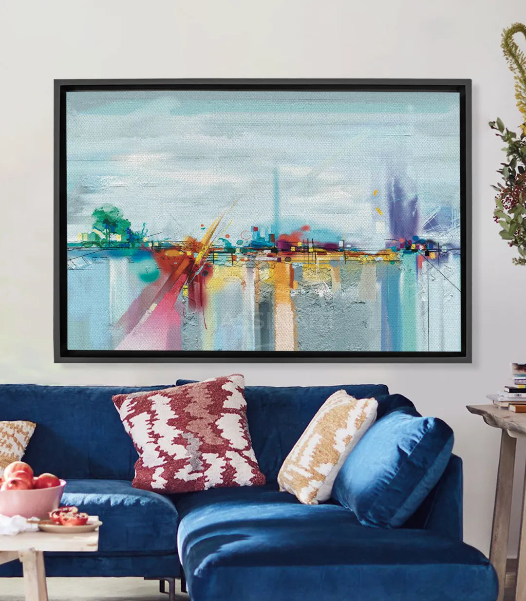 Cuadro paisaje abstracto con reflejos coloridos en turquesa, rosa y amarillo — Massinart