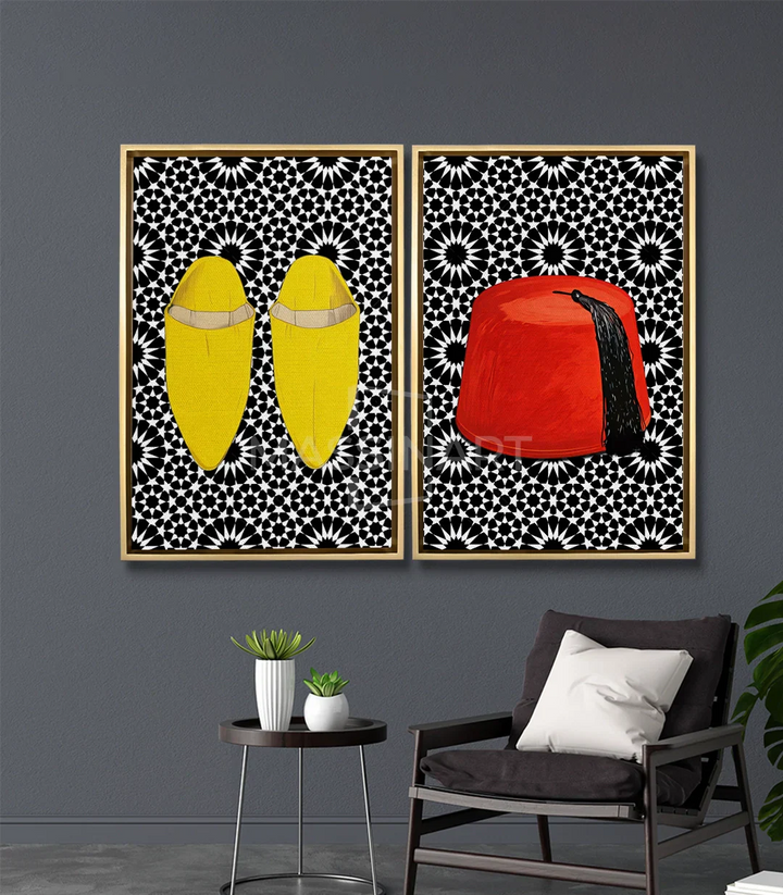 Ambientación salón moderno — cuadro decorativo Moroccan Elegance díptico en pared gris, Massinart