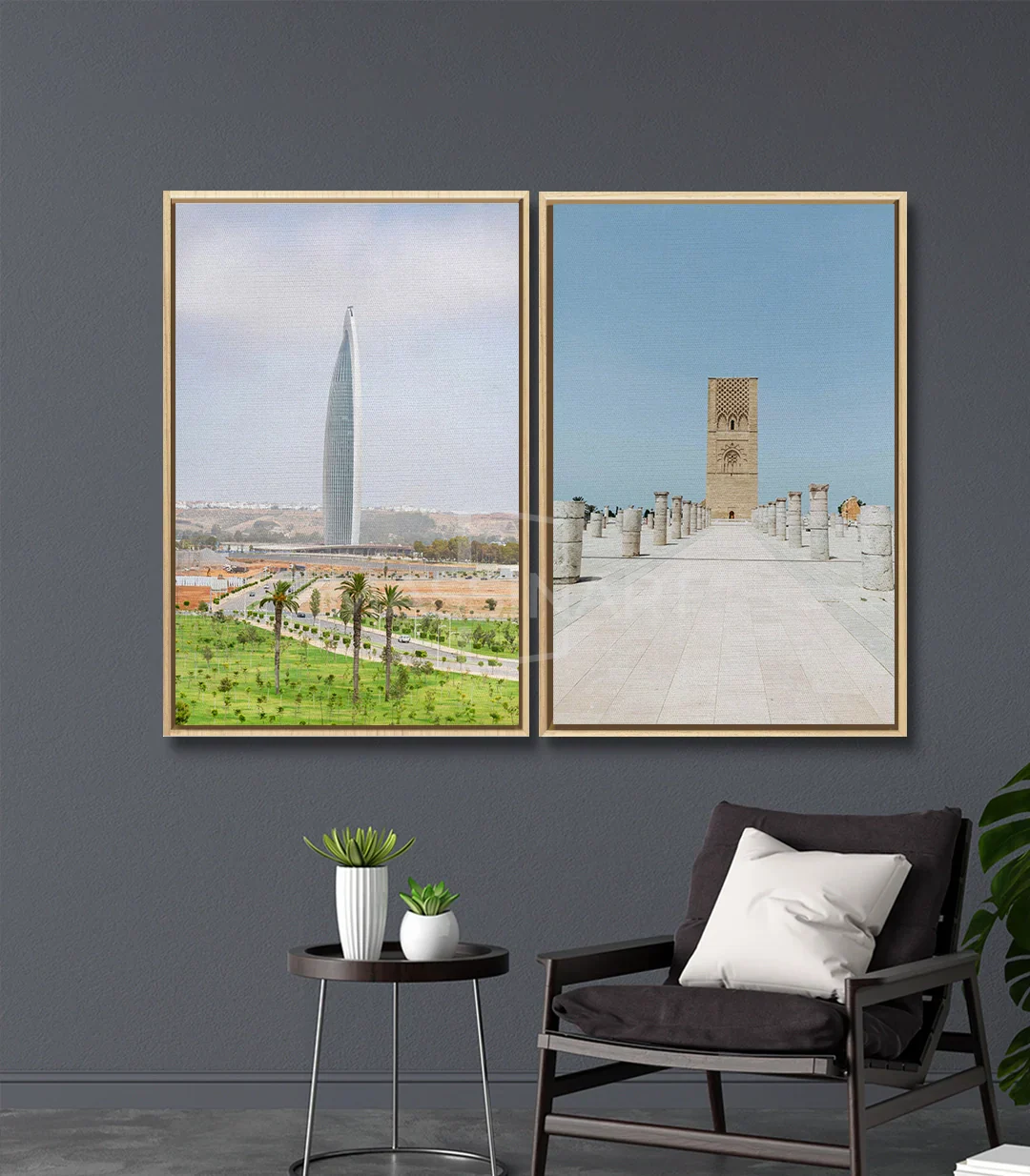 Cuadro Rabat Now & Then — mezquita histórica minarete beige cielo azul, arte mural
