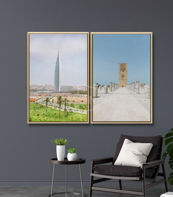 Cuadro Rabat Now & Then — mezquita histórica minarete beige cielo azul, arte mural