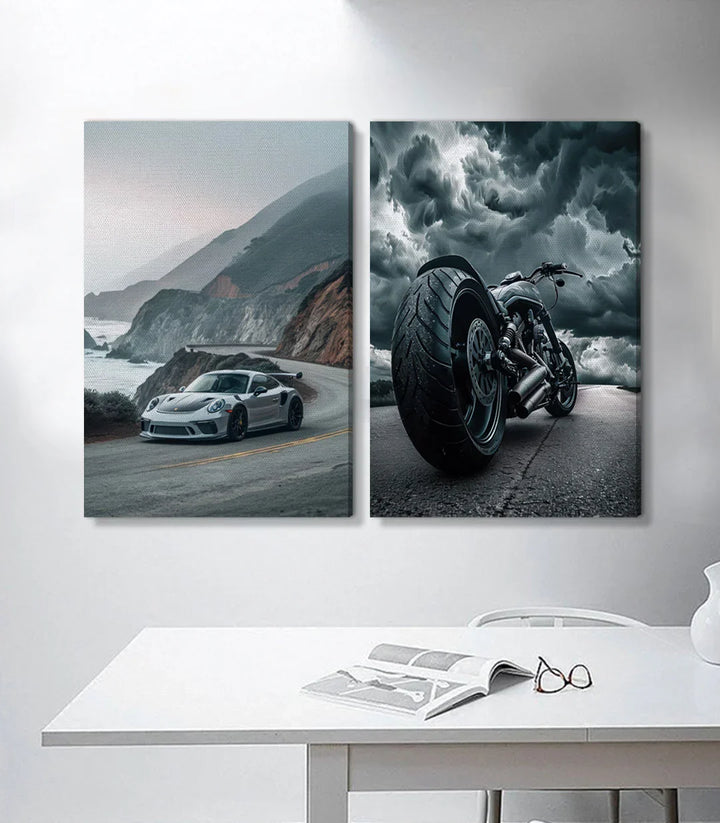 Decoración interior moderna moto negro gris díptico Massinart